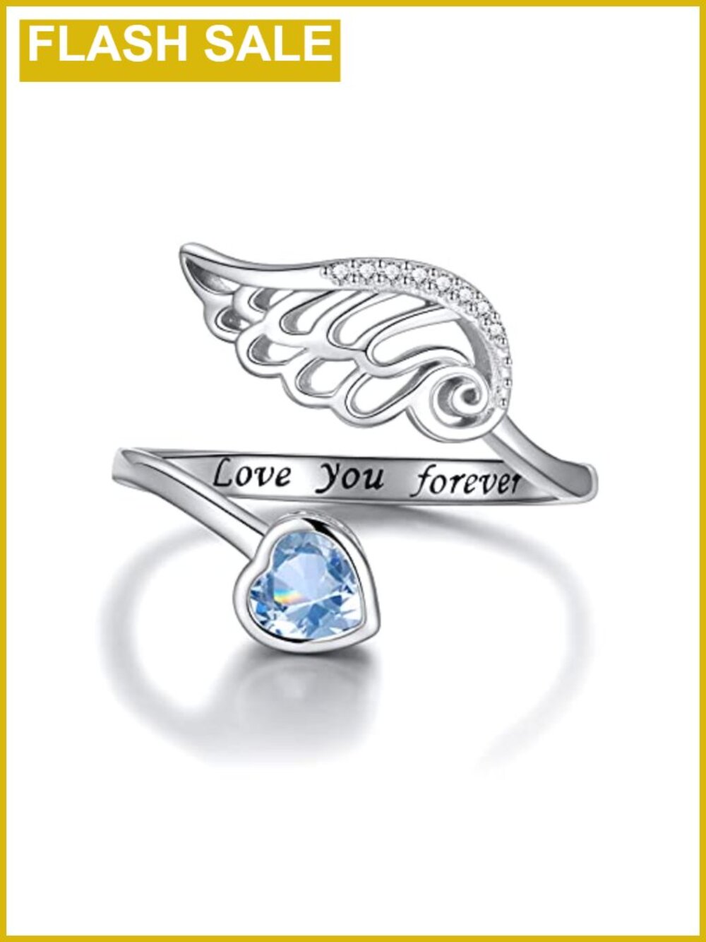 Sterling Silver Birthstone Wing Ring Adjustable Heart Feather Engraved Love You